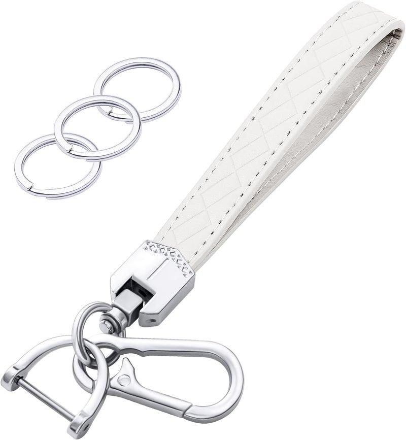 OHKYOOT Store Leather Wristlet Keychain,Car Key Chain Wrist Keychain with 3 Key Ring and Anti-Lost D Ring (White Silver) - Image 1